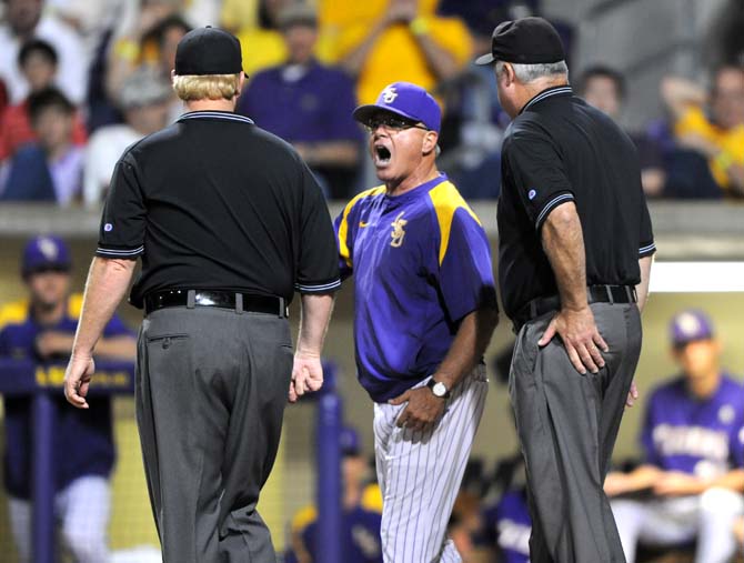 LSU head coach Paul Mainieri yells at an umpire Saturday, April 27, 2013 after being ejected from the game during the Tigers' 4-2 loss to South Carolina in Alex Box Stadium.
 