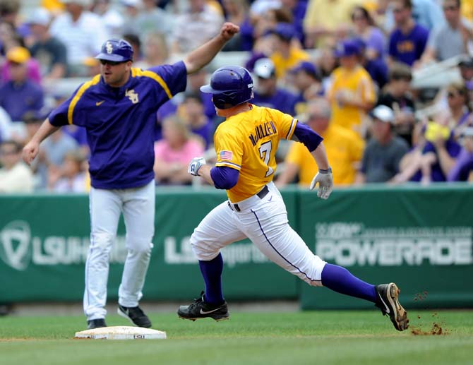 LSU junior outfielder Sean McMullen (7) crosses second base April 28, 2013 during LSU's 4-0 lost to South Carolina in Alex Box Stadium.
 