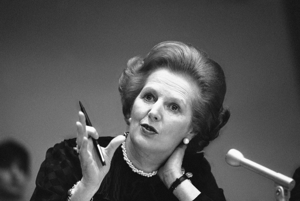 FILE - In this June 23, 1982 file photo, Britain's Prime Minister Margaret Thatcher gestures with her pen as she answers a reporters question during a news conference at the United Nations. Ex-spokesman Tim Bell says that Thatcher has died. She was 87. Bell said the woman known to friends and foes as "the Iron Lady" passed away Monday morning, April 8, 2013. (AP Photo/File)