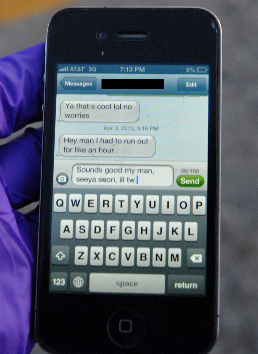 This April 3, 2013 photo provided by the Greeley Police shows the text message University of Northern Colorado student Alexander Heit was typing to an unidentified person when police say he lost control of his car and ran off the road. He was taken to North Colorado Medical Center where he later died. Now his parents are hoping to convince others not to text and drive. The name of the message's recipient was redacted by the Greeley Police to protect the recipient's identity. (AP Photo/Greeley Police)