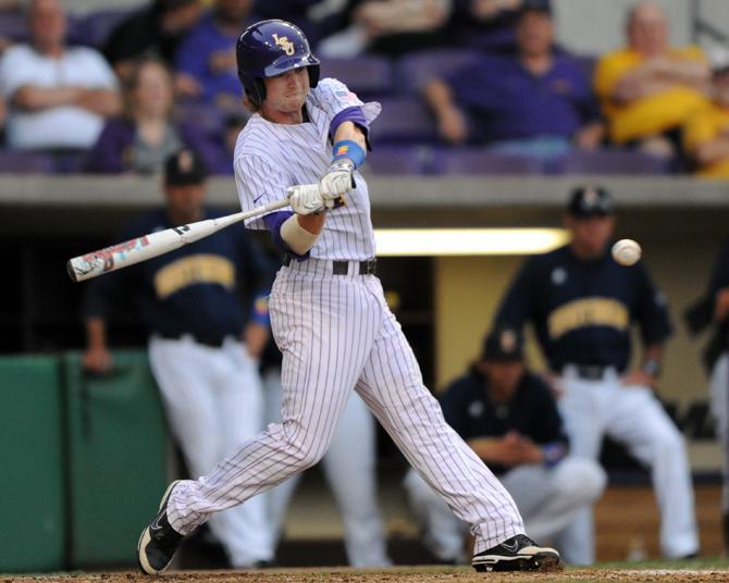 LSU senior right fielder Raph Rhymes (4) swings at a pitch Wednesday, April 10, 2013 during the 16-2 victory over Southern University at Alex Box Stadium.
 