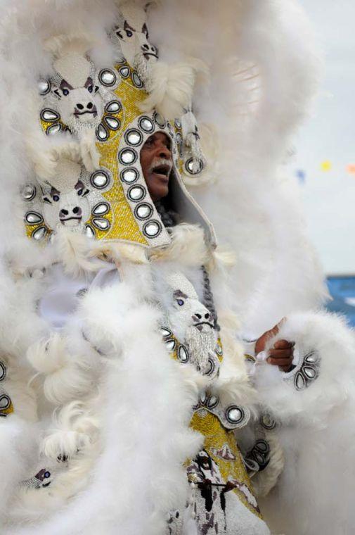 Big Chief David Montana performs with Mardi Gras Indian Orchestra Friday, April 26, 2013 at the New Orleans Jazz &amp; Heritage Festival on the Fair Grounds Race Course.
 