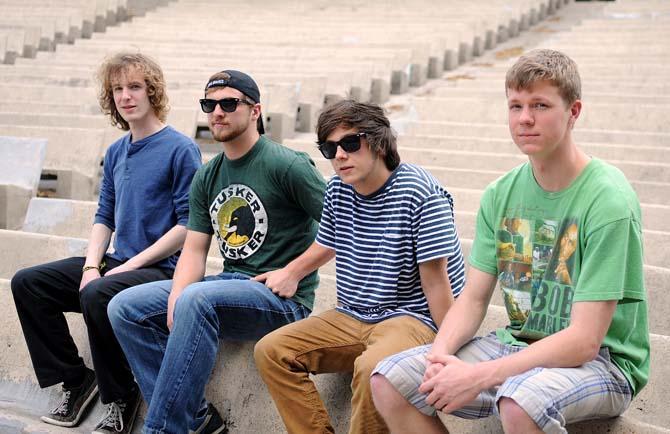 (Left to right.) Music junior Scott Graves, Interdisciplinary Studies junior John Trufant, Mass Communications junior Andrew Vorniak, and Civil Engineering junior Dom Dejuilio are members of the Levee Daze Band. They will be playing during Grooving on the Grounds on LSU's campus.
 