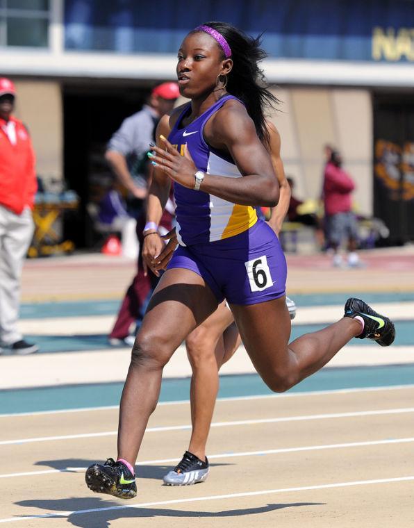 LSU freshman Jalea Jackson runs the 100 meter dash Saturday, April 20, 2013 during the LSU Alumni Gold meet at Bernie Moore Track Stadium.
 