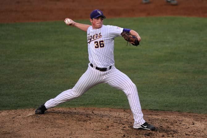 LSU junior pitcher Will LaMarche pitches the ball Tuesday, April 30, 2013, during the Tigers' 7-3 win against the MSU Cowboys.
 