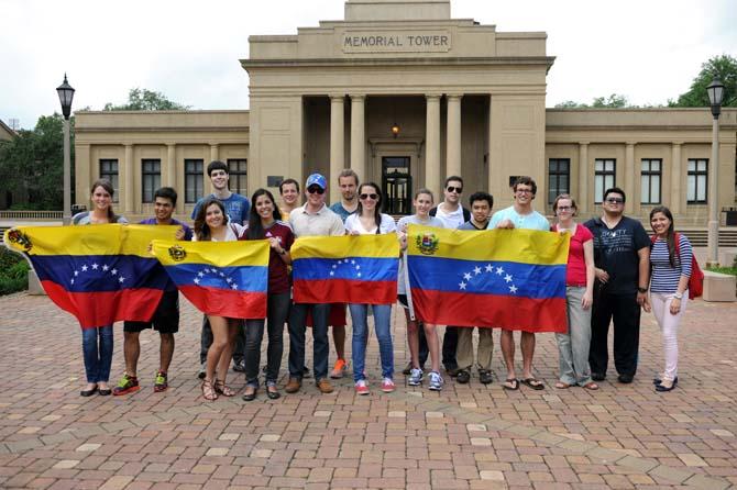 Venezuela-native and Venezuela-sympathetic LSU students gather in protest in front of the Memorial Tower Tuesday, April 16, 2013. They are protesting the most recent presidential election and want a vote recount.
 