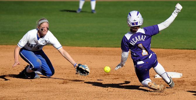 LSU sophomore infielder Rikki Alcaraz (1) slides safely into second Saturday, March 16, 2013 during the 4-3 extra innings victory against Kentucky at Tiger Park.