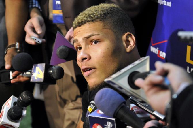 Former LSU sophomore cornerback Tyrann Mathieu (7) speaks with members of the media Wednesday, March 27, 2013 during Pro Day at Football Operations Center.