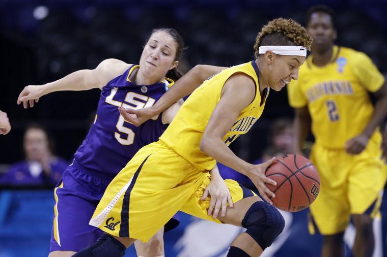 LSU's Jeanne Kenney (5) fouls California's Layshia Clarendon late in the second half of a regional semifinal game of the NCAA women's college basketball tournament Saturday, March 30, 2013, in Spokane, Wash. California won 73-63. (AP Photo/Elaine Thompson)
 