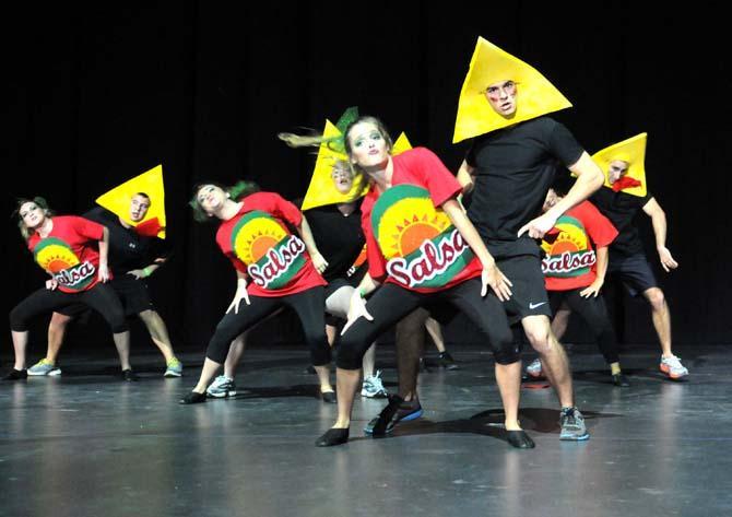 Members of Delta Delta Delta and Sigma Nu perform a dance routine Sunday, April 28, 2013 during Songfest 2013 in the PMAC.
 