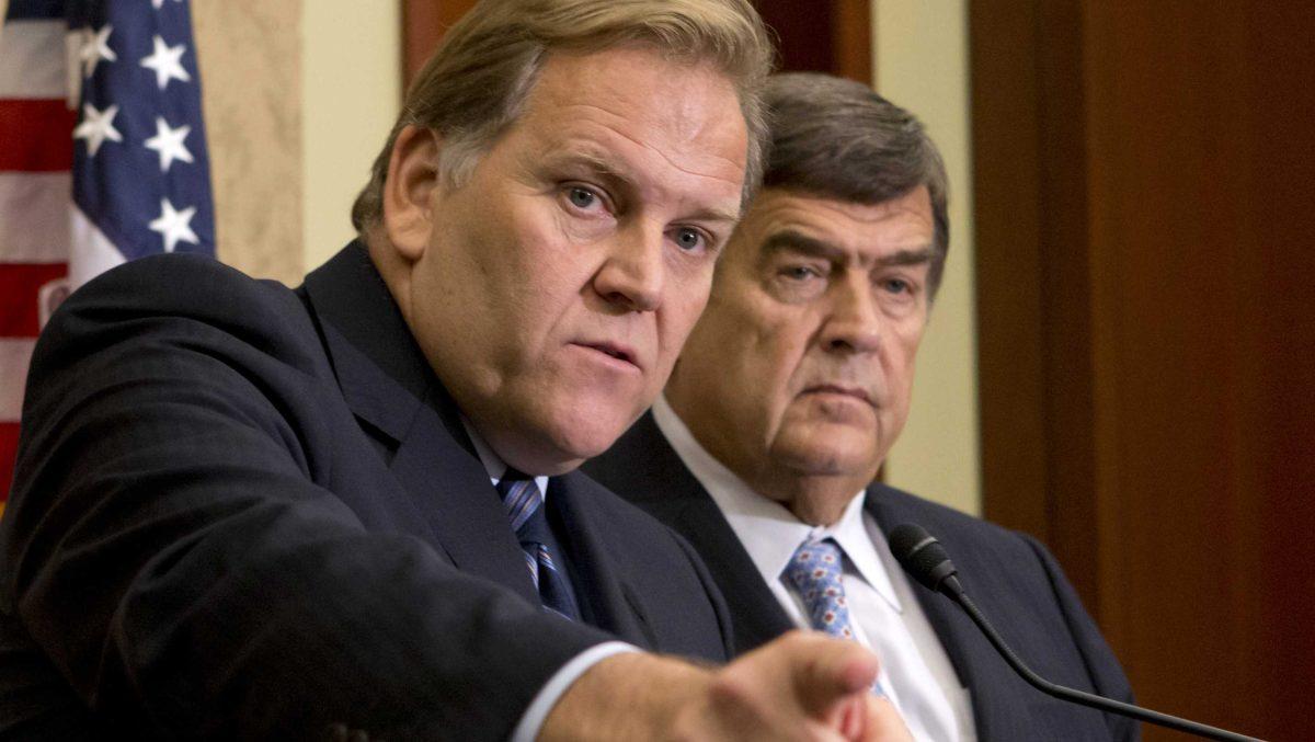 FILE - In this Oct. 8, 2012 file photo, House Intelligence Committee Chairman Rep. Mike Rogers, R-Mich., left, and the committee's ranking Democrat, Rep. C.A. "Dutch" Ruppersberger, D-Md., participate in a news conference on Capitol Hill in Washington. House lawmakers expected to finalize legislation Wednesday that would give the federal government a broader role helping banks, manufacturers and other businesses protect themselves against cyberattacks. (AP Photo/J. Scott Applewhite, File)