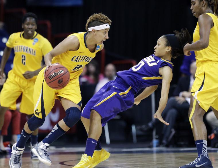 California's Layshia Clarendon, left, drives against LSU's Adrienne Webb in the first half of a regional semifinal game in the NCAA women's college basketball tournament Saturday, March 30, 2013, in Spokane, Wash. (AP Photo/Elaine Thompson)
 