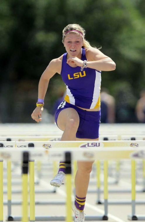 Freshman Theres Jernbeck runs the 100 meter hurdles Saturday, April 13, 2013.
 