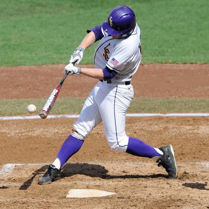 LSU junior outfielder Sean McMullen (7) hits the ball May 31, 2013 during the Tigers' 11-7 win against Jackson State in Alex Box Stadium.
 