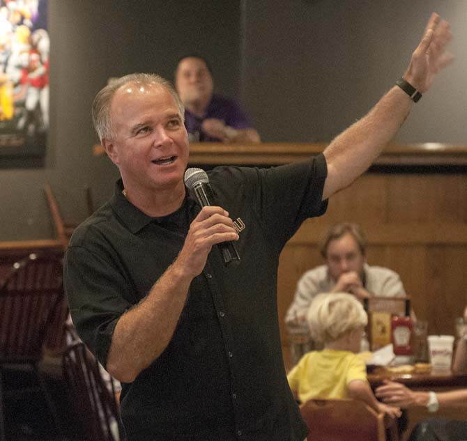 LSU head baseball coach Paul Mainieri speaks to a crowd of players, friends, family and media May 27, 2013 at Walk On's Bistreaux and Bar during the NCAA Baseball Tournament regional host sites were announced. The Tigers nabbed the No. 4 national seed and will host a regional.
 