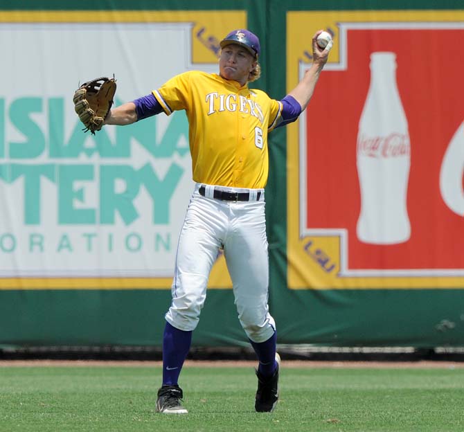 LSU freshman outfielder Andrew Stevenson (6) throws the ball toward second base May 18, 2013 during the Tigers' 9-11 loss to Ole Miss in Alex Box Stadium.
 