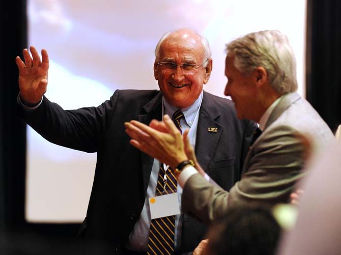 The crowd applauds LSU Interim Chancellor and President Williams Jenkins for his commitment to the University April 17, 2013, at the 2013 Louisiana Education Excellence Summit in the Crowne Plaza Hotel.