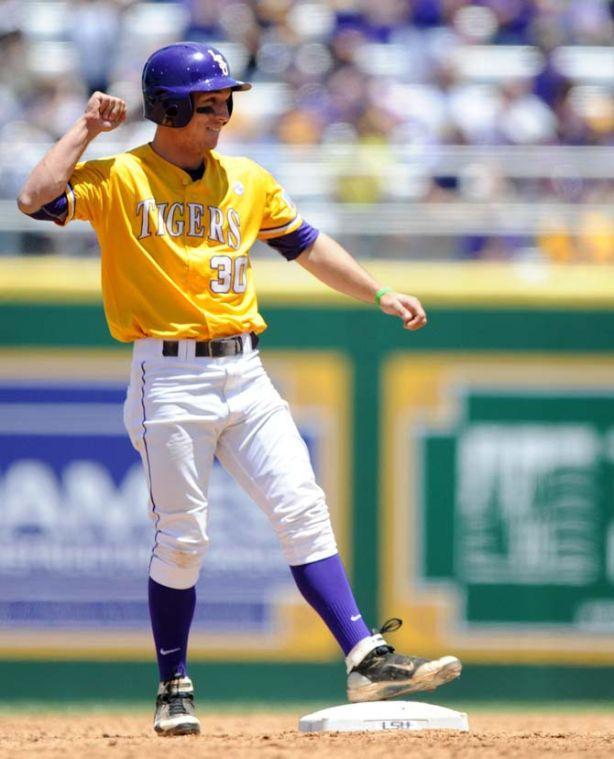 LSU freshman infielder Alex Bregman celebrates after hitting a double May 4, 2013 during the Tigers' 18-6 win against Florida in Alex Box Stadium. Bregman had three hits in five at-bats during the game.
 