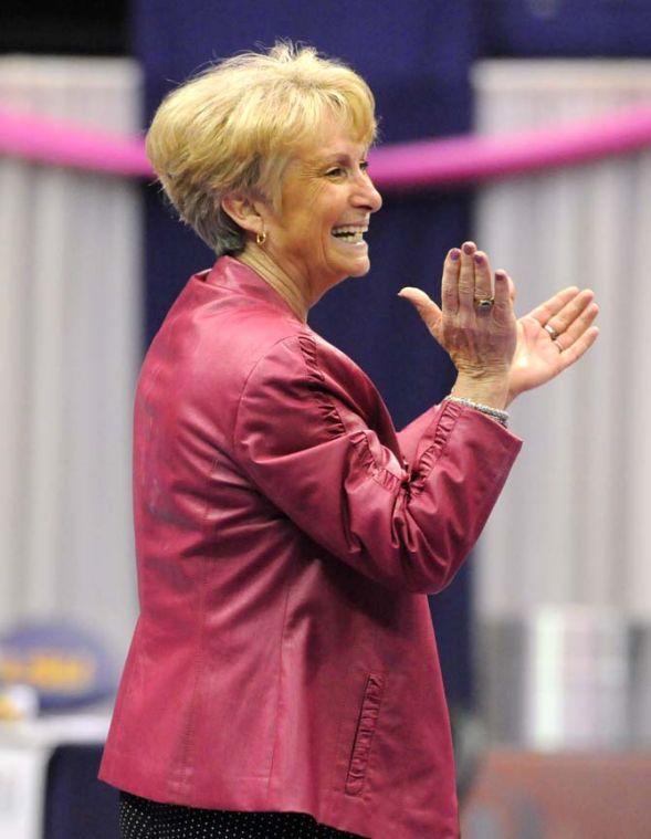 Gymnastics head coach D-D Breaux cheers on her team March 8, 2013, during the Tigers' 197.500-197.725 loss against Alabama at the PMAC.