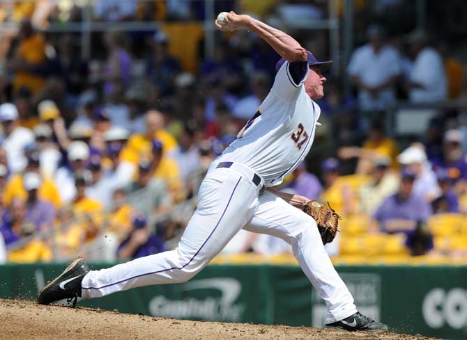 LSU junior pitcher Ryan Eades (37) tosses the ball May 31, 2013 during the Tigers' 11-7 win against Jackson State. Eades threw for 2.1 innings and allowed nine baserunners.
 