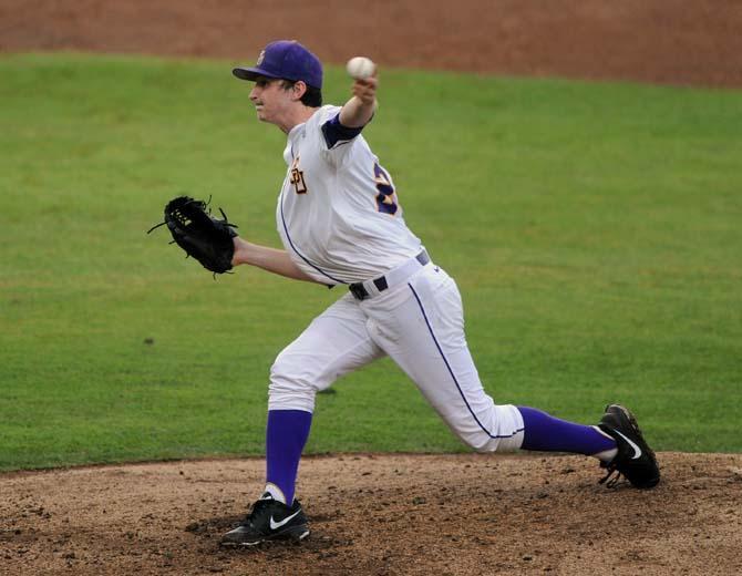 LSU sophomore pitcher Cody Glenn catapults the ball on Thursday, May 2, 2013 during the first game of the LSU vs. Florida series in Alex Box Stadium.
 