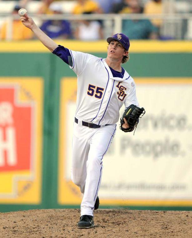 LSU freshman pitcher Hunter Newman (55) warms in the bullpen May 31, 2013 during the Tigers' 11-7 win against Jackson State in Alex Box Stadium.
 