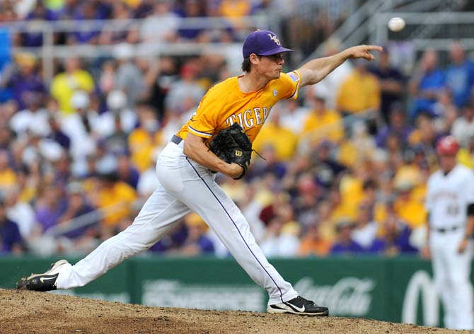 LSU senior pitcher Brent Bonvillain (49) throws the ball June 2, 2013 during the Tigers' 5-1 win against ULL in Alex Box Stadium. He pitched 6.1 innings and allowed only one run.
 