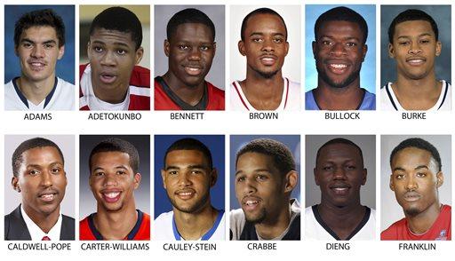 These recent images provided by their respective schools or team show prospects in the 2013 NBA Draft. Top row from left are: Steven Adams, Pittsburgh; Giannis Adetokunbo, Filathlitikos; Anthony Bennett, UNLV; Lorenzo Brown, North Carolina State; Reggie Bullock, North Carolina and Trey Burke, Michigan. Bottom from left are: Kentavious Caldwell-Pope, Georgia; Michael Carter-Williams, Syracuse; Willie Cauley-Stein, Kentucky; Allen Crabbe, California; Gorqui Dieng, Louisville and Jamaal Franklin, San Diego State. The Draft takes place June 27, 2013 in New York. (AP Photo)