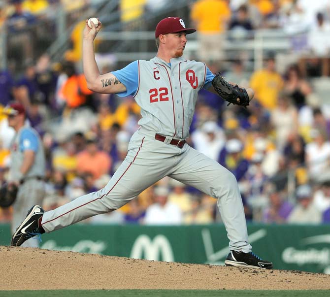 Oklahoma junior pitcher Jonathan Gray (22) throws the ball June 7, 2013 during the Sooners' 0-2 loss to LSU in Alex Box Stadium. The Colorado Rockies picked Gray third overall in the MLB Draft on June 6.
 