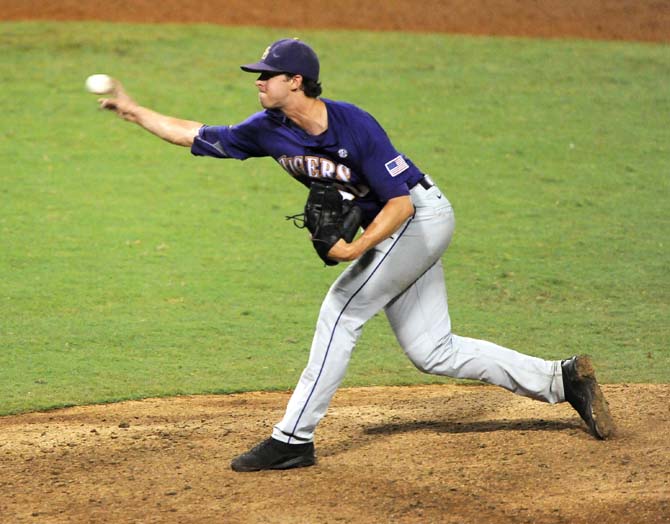 LSU sophomore pitcher Aaron Nola (10) throws the ball June 1, 2013 during the Tigers' 8-5 win against Sam Houston in Alex Box Stadium.
 