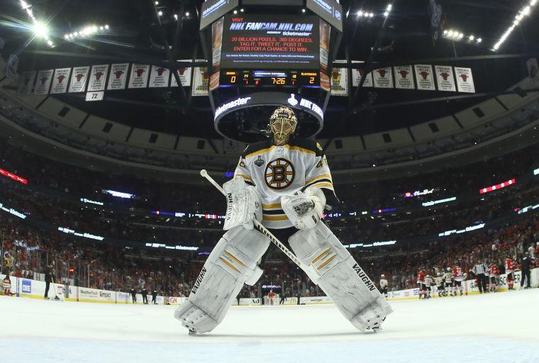 Boston Bruins goalie Tuukka Rask (40) skates back to the crease after a goal by the Chicago Blackhawks in the second period during Game 5 of the NHL hockey Stanley Cup Finals, Saturday, June 22, 2013, in Chicago. The Blackhawks won 3-1. (AP Photo/Bruce Bennett, Pool)
 