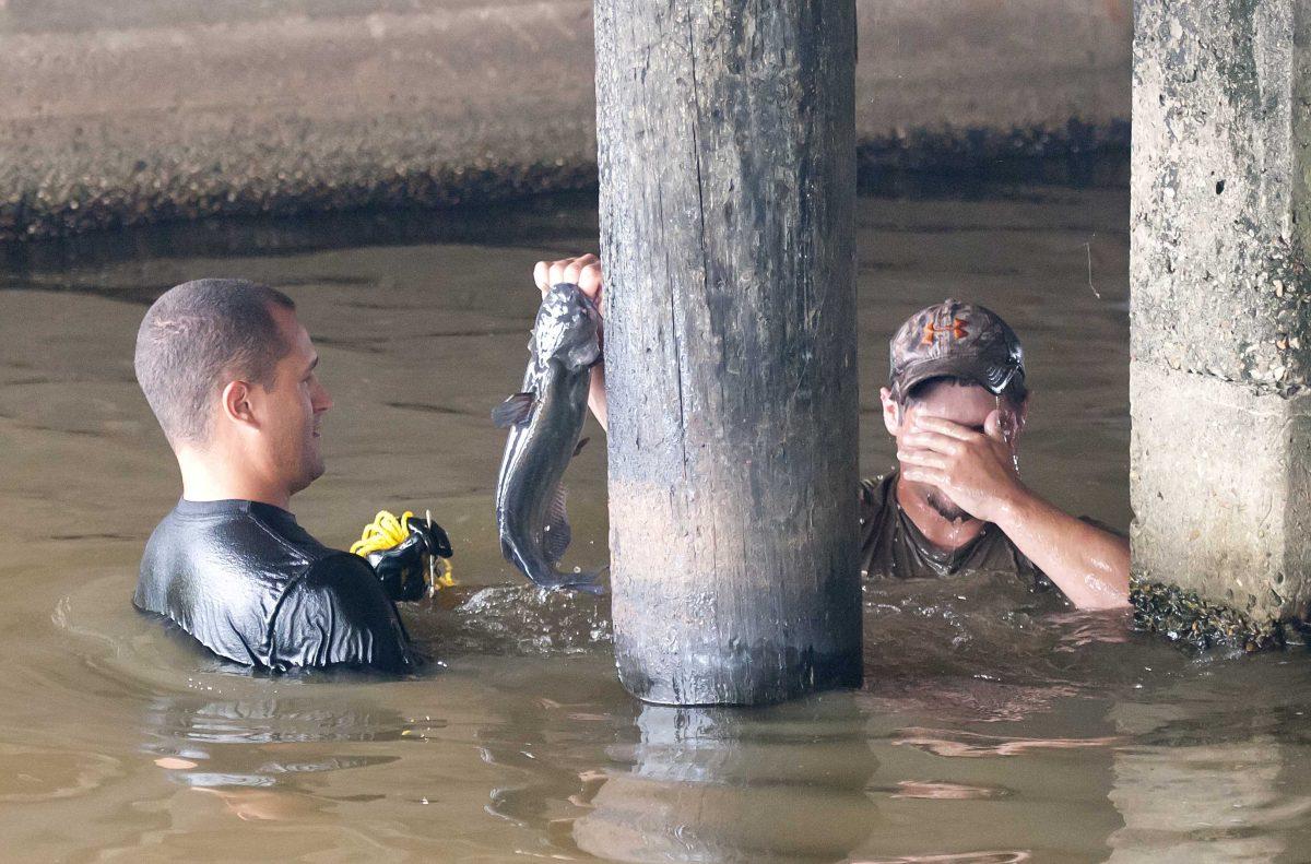 Kyle Ensminger, 19, holds out a catfish to Jason Manwarren, 30, during a fishing trip in University Lake on June 8.