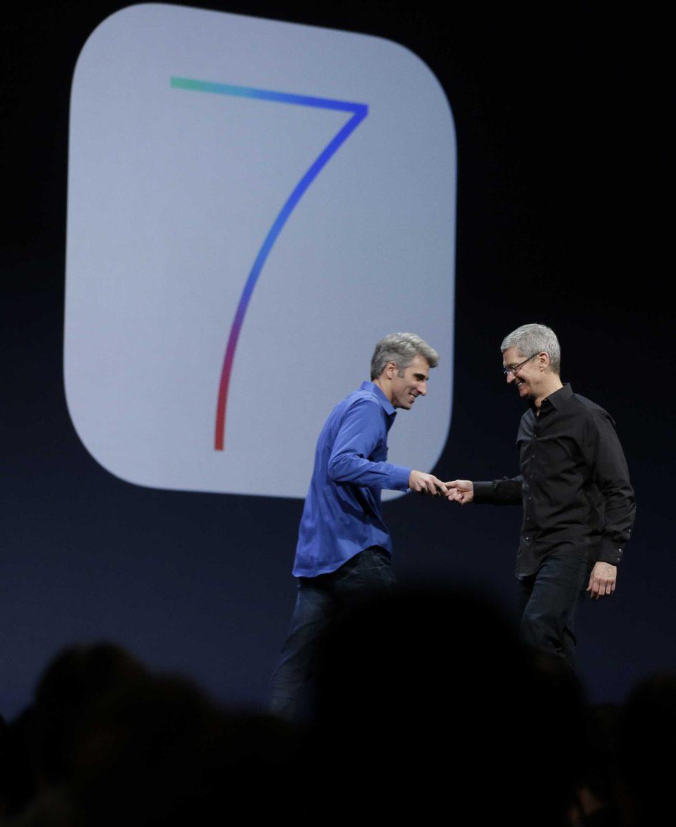 Craig Federighi, senior vice president of software engineering at Apple, left, greets Apple CEO Tim Cook after the introduction of iOS 7 during the keynote address of the Apple Worldwide Developers Conference, Monday, June 10, 2013, in San Francisco. (AP Photo/Eric Risberg)