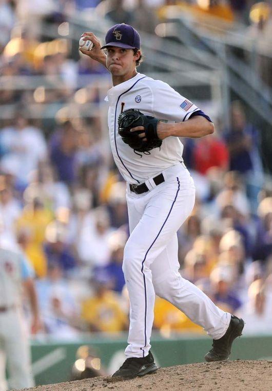 LSU sophomore right-handed pitcher Aaron Nola (10) throws the ball to first base June 7, 2013 during the Tigers' 2-0 victory over Oklahoma in Alex Box Stadium.
 