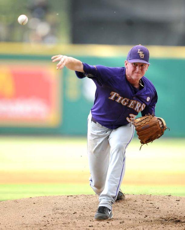 LSU junior pitcher Ryan Eades (37) warms up June 8, 2013 before the Tigers' 11-1 Super Regional win against Oklahoma in Alex Box Stadium. Eades only allowed three hits and one run in four innings of work.