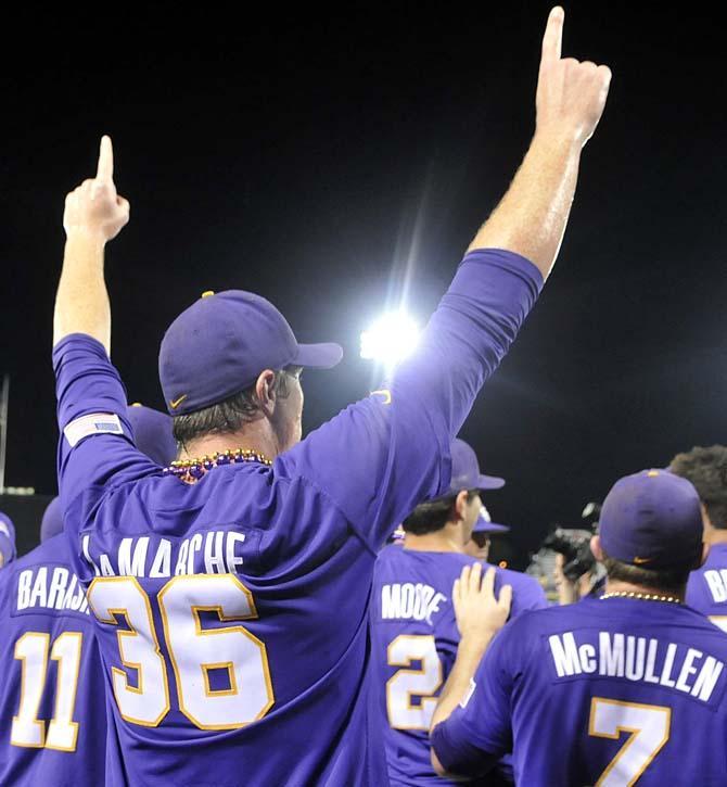 LSU junior pitcher Will LaMarche (36) celebrates with his teammates June 8, 2013 after the Tigers secured a trip to Omaha with an 11-1 win against Oklahoma in Alex Box Stadium.
 