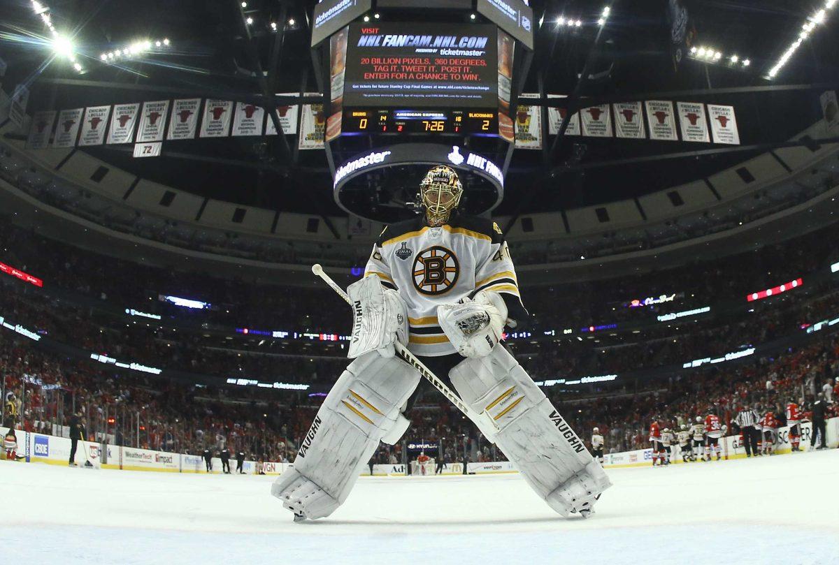 Boston Bruins goalie Tuukka Rask (40) skates back to the crease after a goal by the Chicago Blackhawks in the second period during Game 5 of the NHL hockey Stanley Cup Finals, Saturday, June 22, 2013, in Chicago. The Blackhawks won 3-1. (AP Photo/Bruce Bennett, Pool)