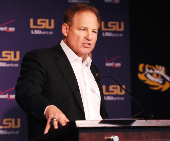 LSU football head coach Les Miles discusses spring training and the team roster March 13, 2013, at a press conference in the Athletic Administration Building.