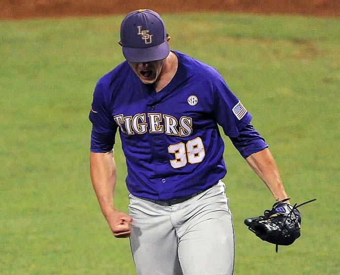 LSU junior pitcher Nick Rumbelow celebrates after recording an out June 8, 2013 during the Tigers' 11-1 win against Oklahoma in Alex Box Stadium.
 