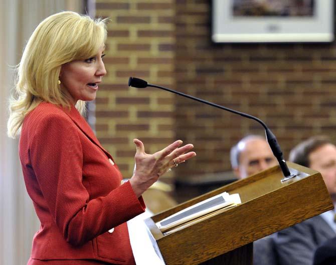 SSA consultant Christel Slaughter addresses the Board of Supervisors June 7, 2013 during a Board of Supervisors meeting at the LSU System Adminstration Building.
 