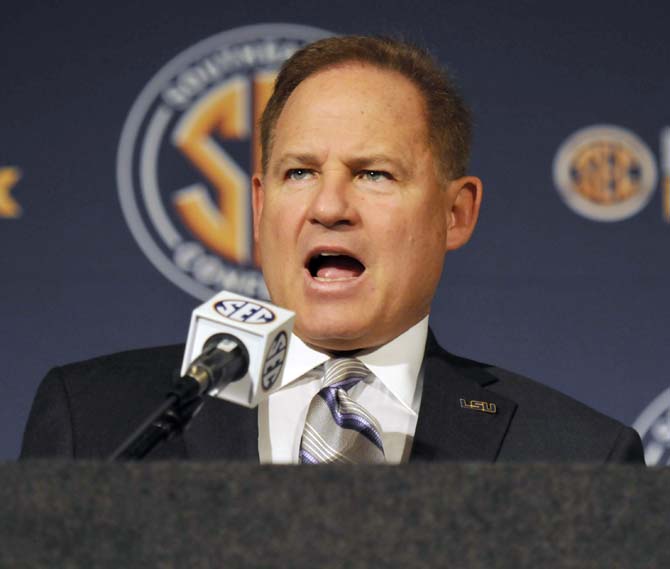 LSU head football coach Les Miles speaks to the media July 18 during SEC Media Days in Hoover, Ala.