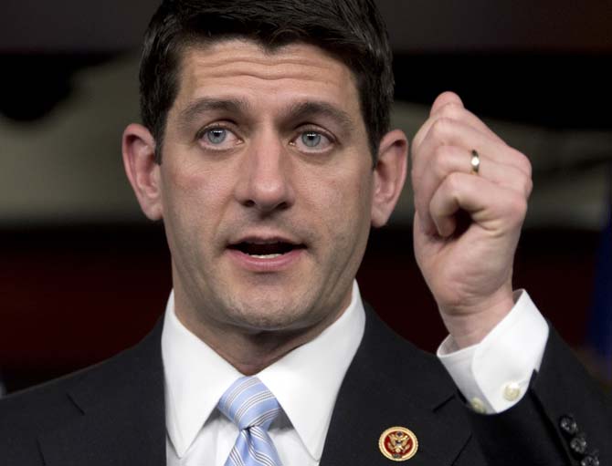 FILE - In this March 12, 2013, file photo, Rep. Paul Ryan, R-Wis., gestures during a news conference on Capitol Hill in Washington. Democrats pursuing a far-reaching immigration bill are counting on help from Republican Rep. Paul Ryan. Mitt Romney&#8217;s running mate last year is an unlikely candidate for delivering the centerpiece of President Barack Obama&#8217;s second-term agenda. (AP Photo/Carolyn Kaster, File)