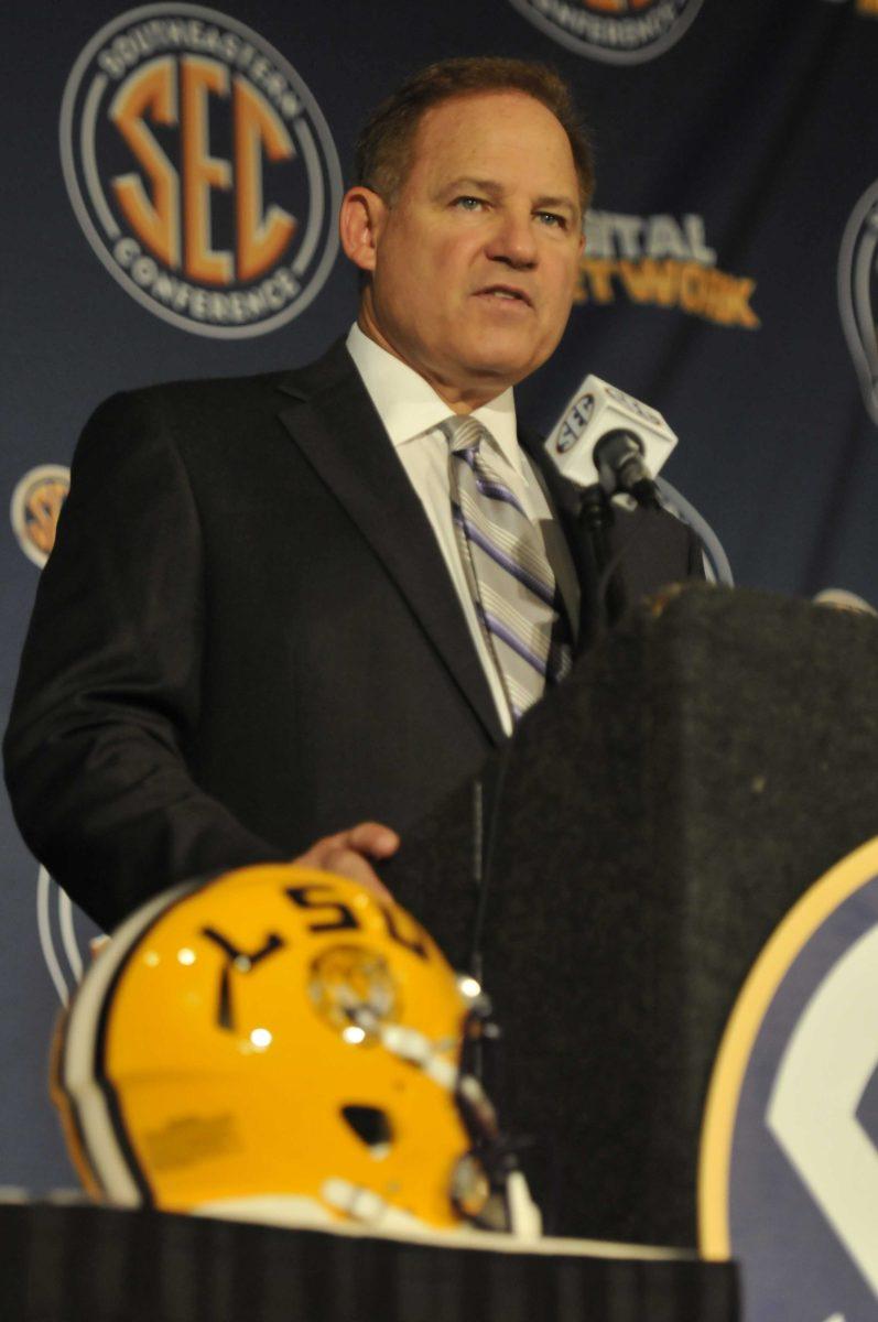 LSU coach Les Miles speaks at SEC Football Media Days.