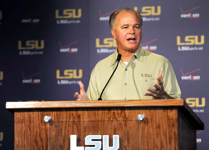 LSU baseball head coach Paul Mainieri addresses questions Monday, July 15, 2013 at a press conference in the LSU Athletic Administration Building.