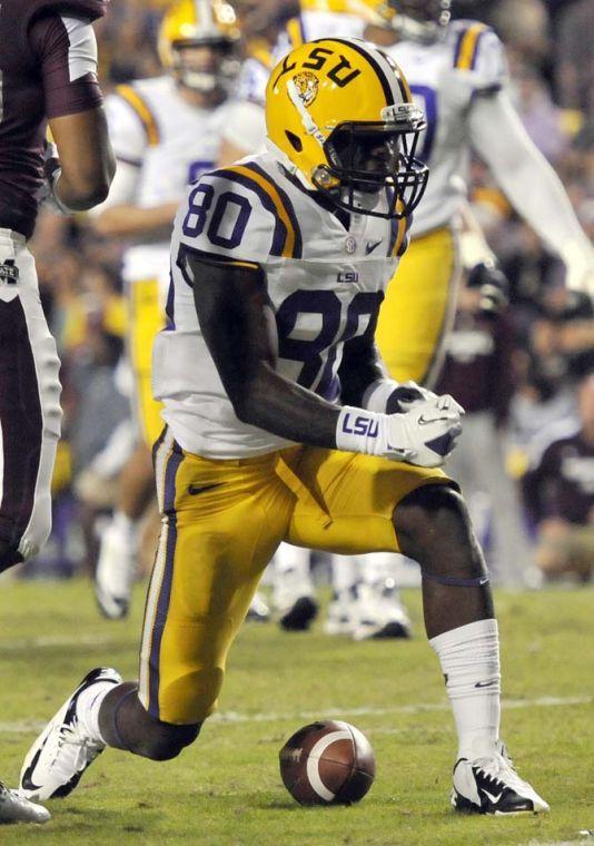 LSU sophomore wide receiver Jarvis Landry (80) celebrates after a catch during LSU's 37-17 dismantling of MSU on November 10, 2012.