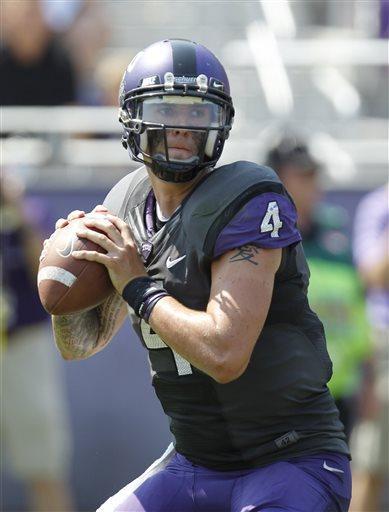 FILE - In this Sept. 22, 2012, file photo, TCU quarterback Casey Pachall (4) passes during the second half on an NCAA college football game in Fort Worth, Texas. TCU coach Gary Patterson might start both Pachall and Trevone Boykin. While only one quarterback can take the first snap for the No. 20 Horned Frogs against No. 12 LSU, Patterson is now saying both players might be on the field to open Saturday night's game. (AP Photo/LM Otero, File)