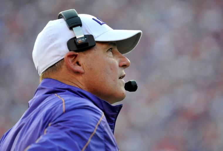 LSU head coach Les Miles watches the replay of a Florida touchdown Saturday, Oct. 6, 2012 during the Tigers' 14-6 loss to the Gators in Ben Hill Griffin Stadium in Gainesville.