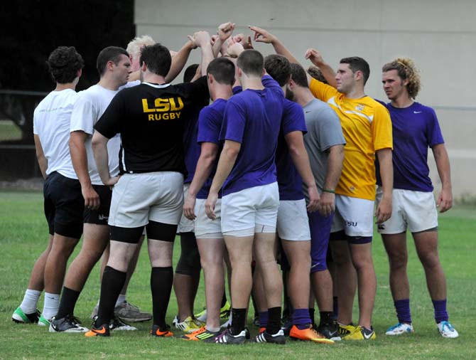 LSU Rugby Club breaks at the UREC practice fields Friday, Aug. 23 2013 after their rugby camp.