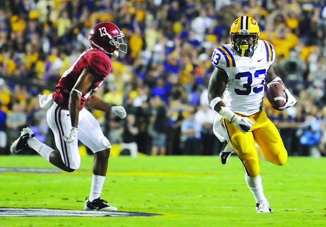 LSU freshman running back Jeremy Hill (33) runs the ball Saturday, Nov. 3, 2012, during the Tigers' 21-17 loss against Alabama in Tiger Stadium.