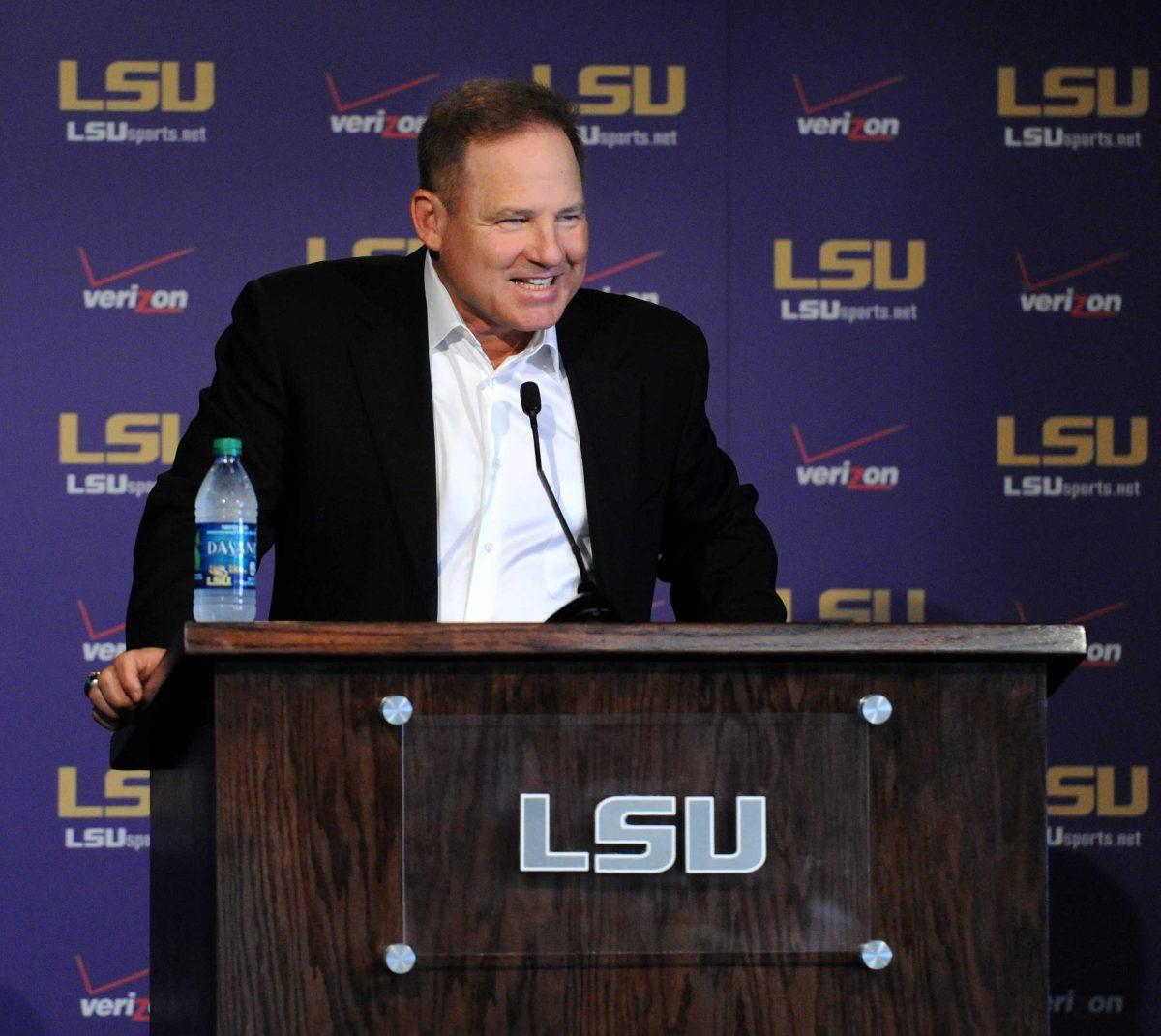 LSU head football coach Les Miles speaks to the media Aug. 26, 2013 in the LSU Athletic Administration Building for Lunch with Les.